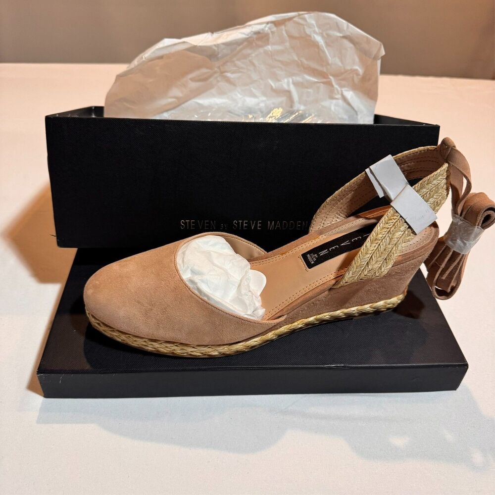 Steven by Steve Madden Women's Comfort Charly Suede Wedge 9.5 Tan Ankle Ties NWT